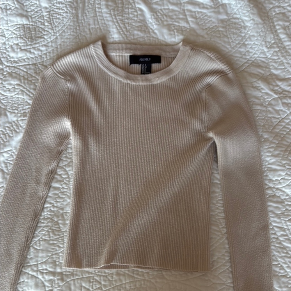 Cream Ribbed Long Sleeve Top